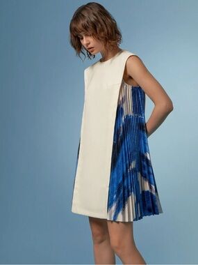 Side Printed Pleated Shift Dress - Ivory and Blue - size S
